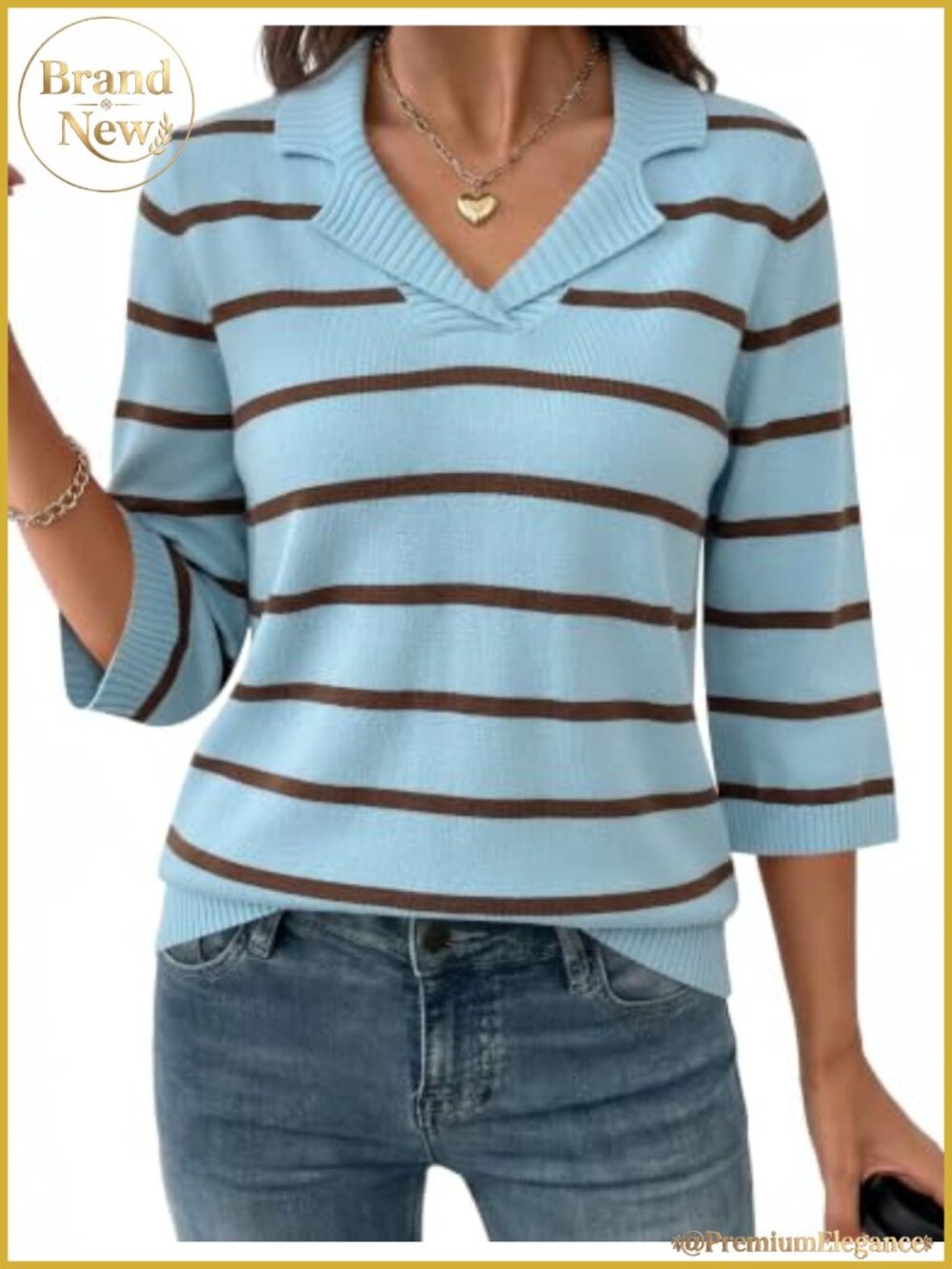 Women's 3/4 Sleeve Knit Pullover Sweater Collared V-Neck
